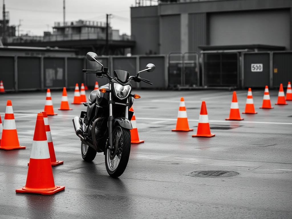 UK CBT training pad with orange cones and a 125cc motorcycle